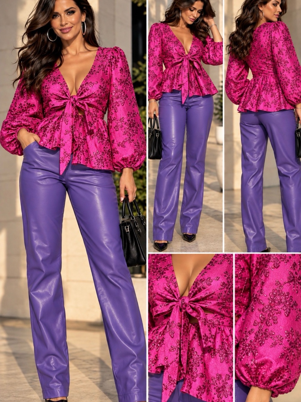 AKIRA Hot Pink Embroidered Tie-Front Puff Sleeve Top